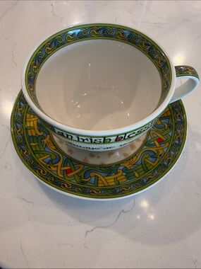 Celtic Knot Ceramic Tea Cup & Saucer Set - Green and Yellow